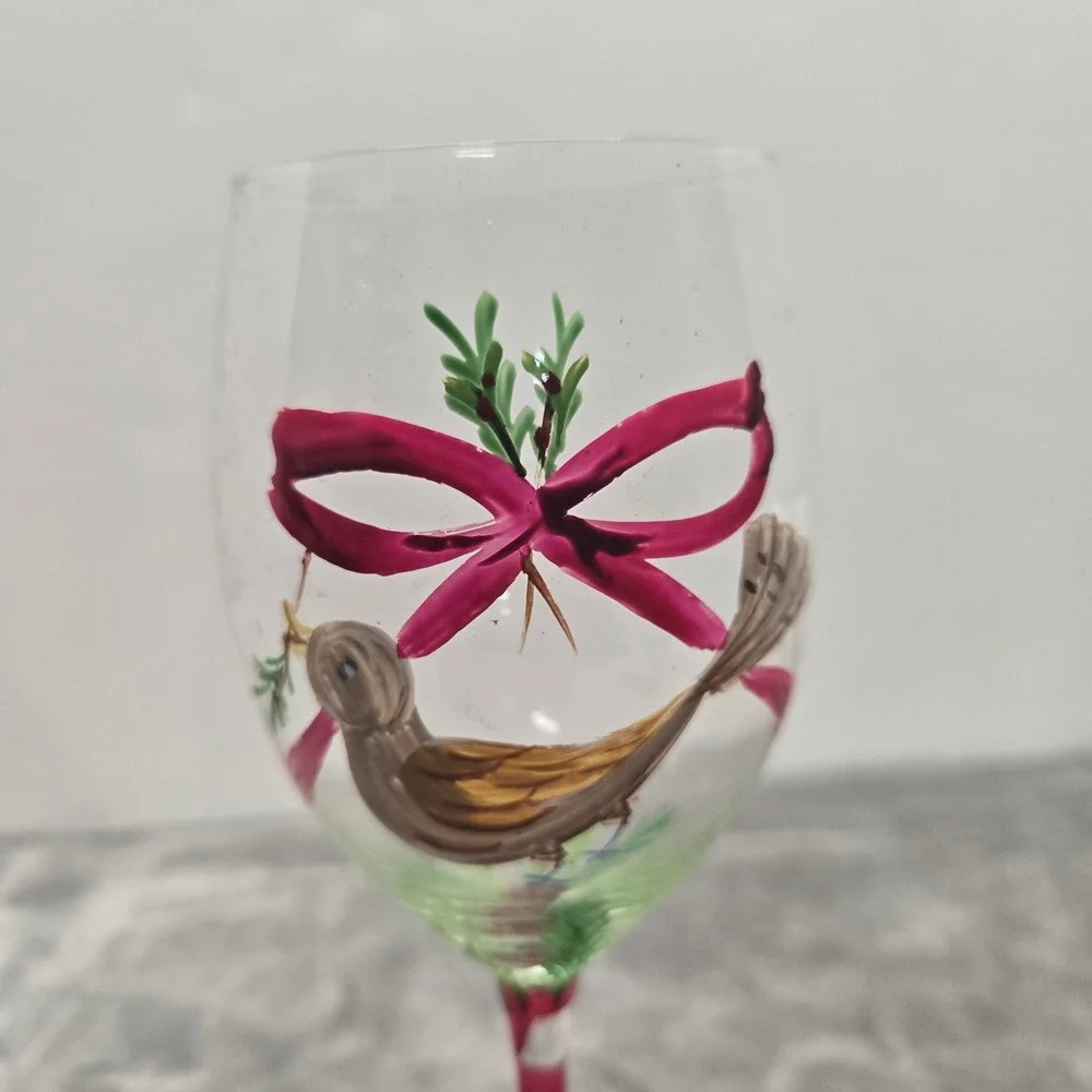 Hand Painted Christmas Wine Glass Bird with Pink Bow Holiday Stemware Festive